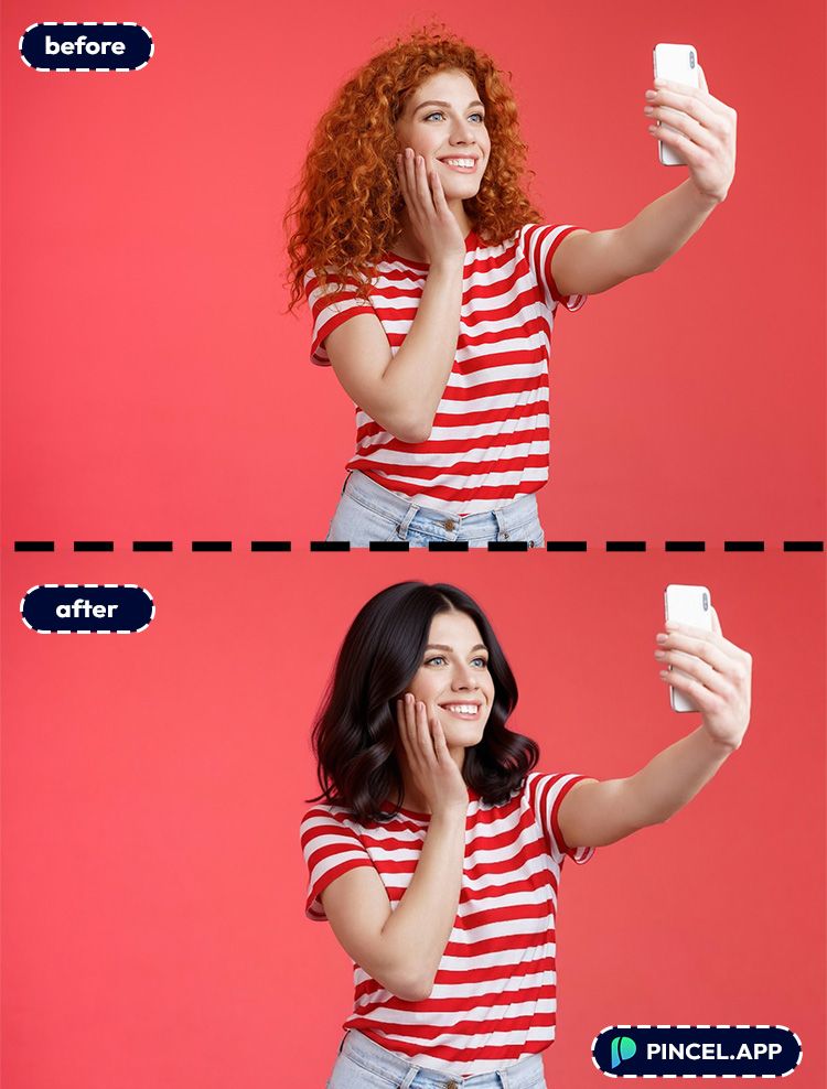 05_before-after-trying-a-new-hairstyle-with-pincel-AI-woman-taking-selfie
