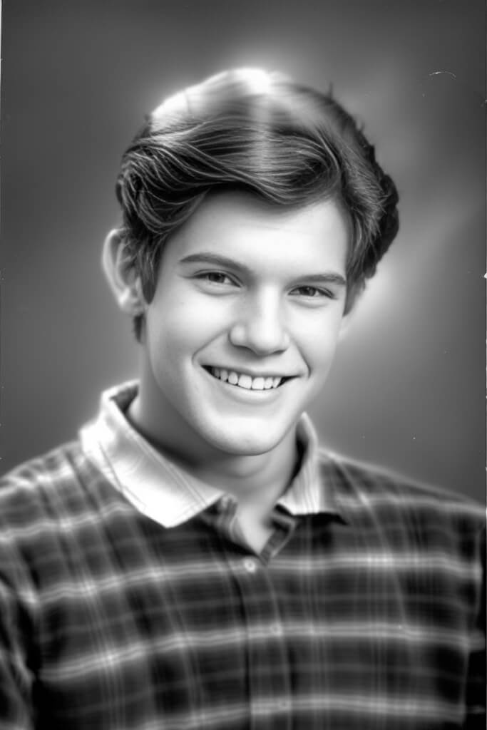 black and white photo of young smiling man