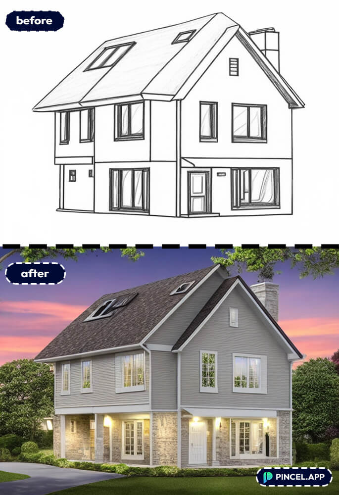 simple house drawing to real photograph using AI