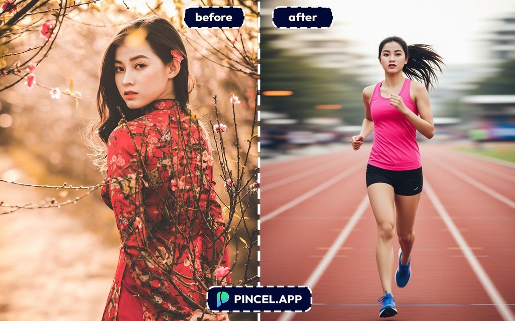 Asian female AI model posing outdoors.