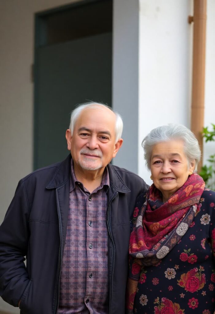 elderly couple hug