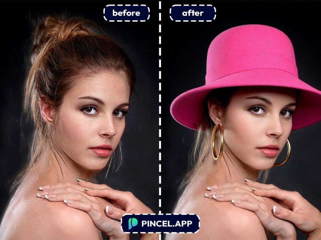 02_before-after-adding-hat-and-earrings-with-pincel-AI-female-model-posing