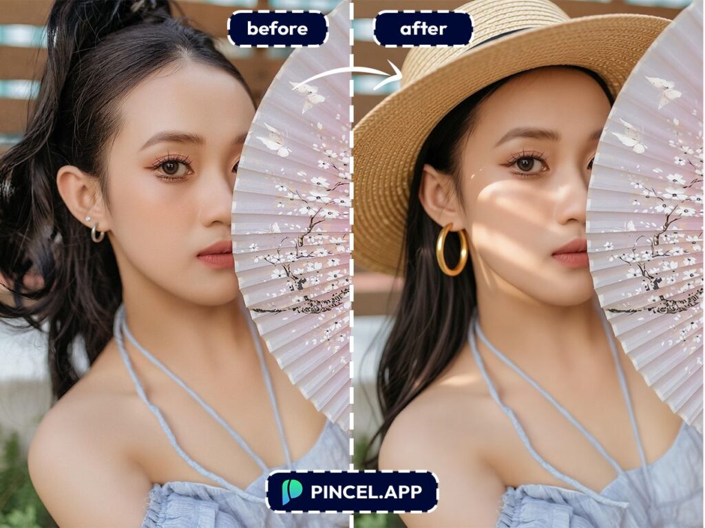 03_before-after-adding-hat-and-earrings-with-pincel-AI-asian-model-posing