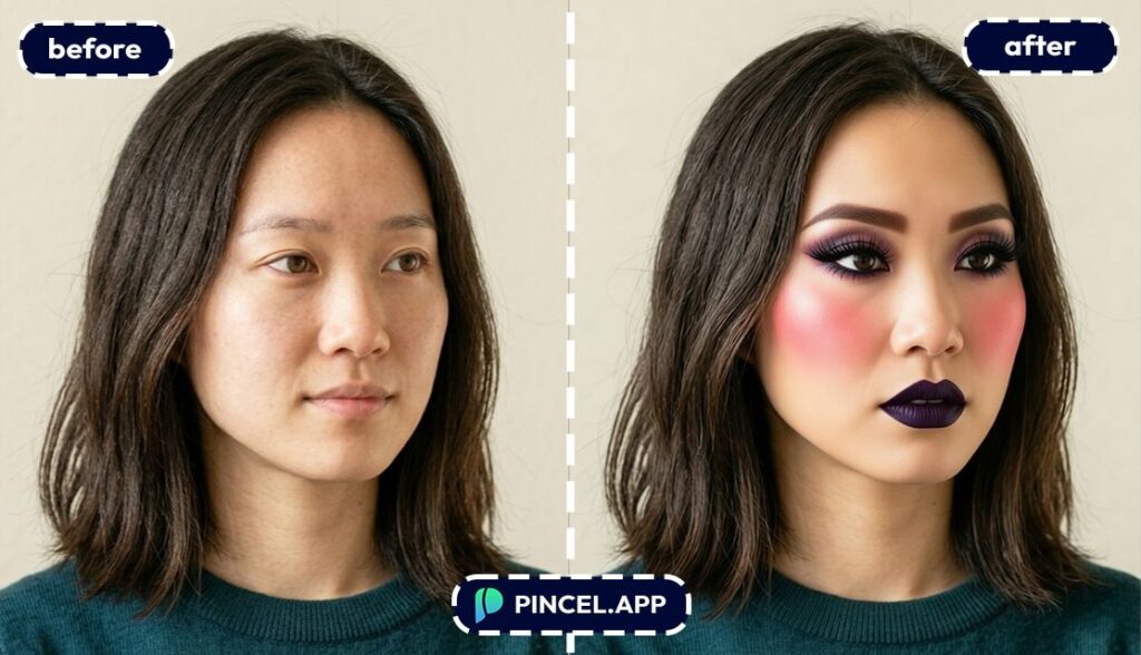 adding heavy makeup on Asian woman