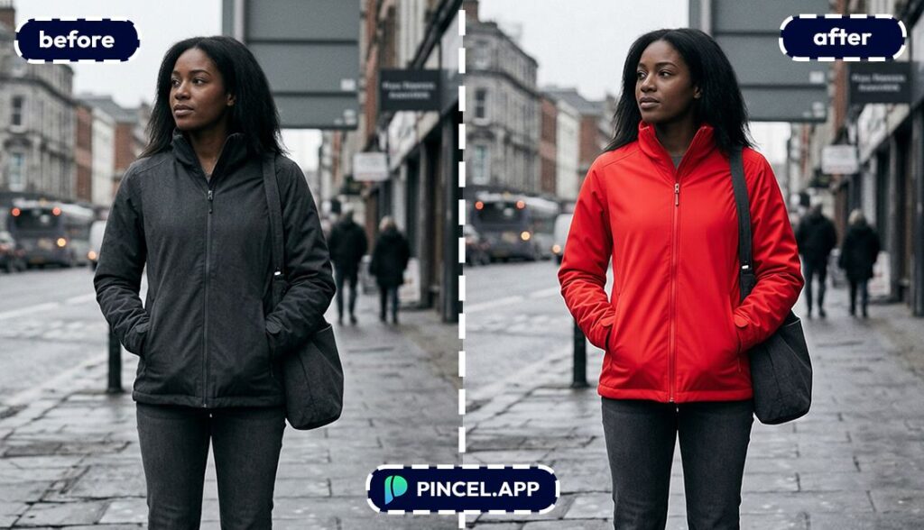 change color with pincel AI black woman outdoor jacket grey to red