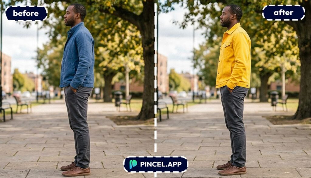 change color with pincel AI black make jacket from blue to yellow