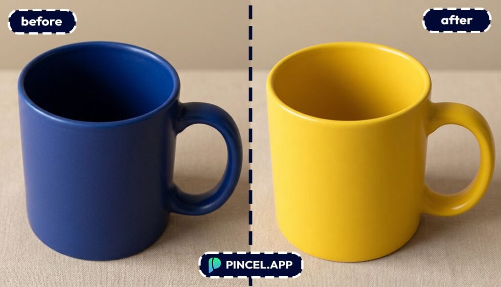 change color with pincel AI coffee mug color from blue to yellow