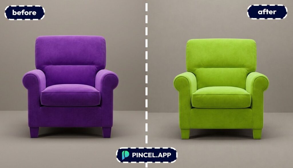 change color with pincel AI sofa color from purple to lime green