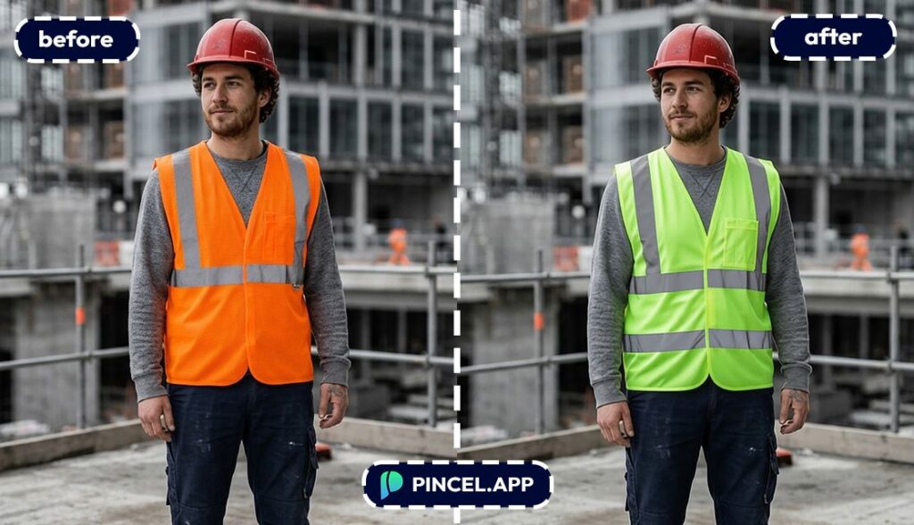 change color with pincel AI safety vest color from orange to bright green
