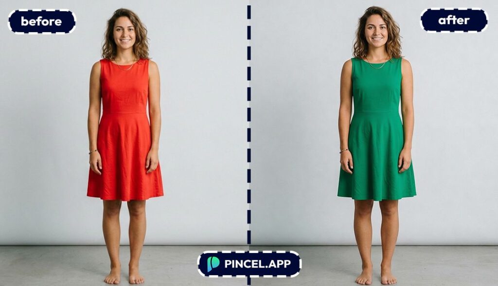 change color with pincel AI woman dress from red to green
