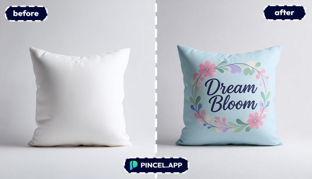 placing text over image with AI on pillow in white background