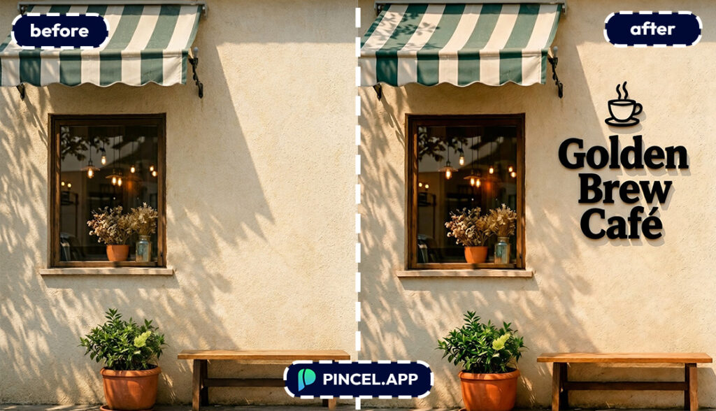placing text over image with AI on outdoor cafe wall
