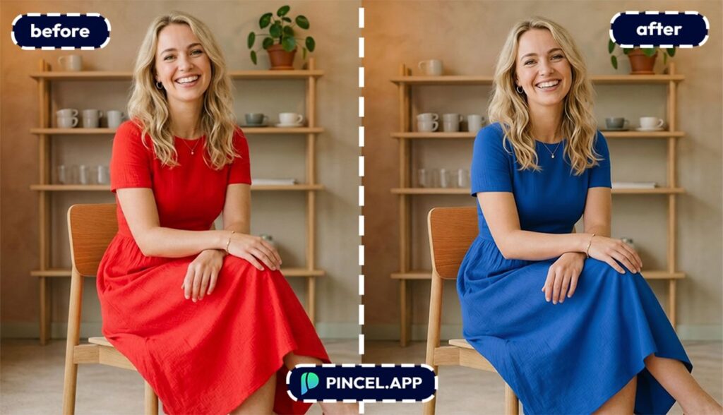 change color with pincel AI dress color from red to blue