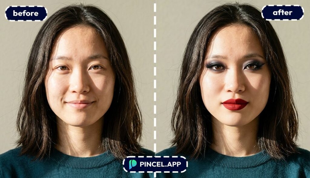adding heavy makeup on smiling Asian woman