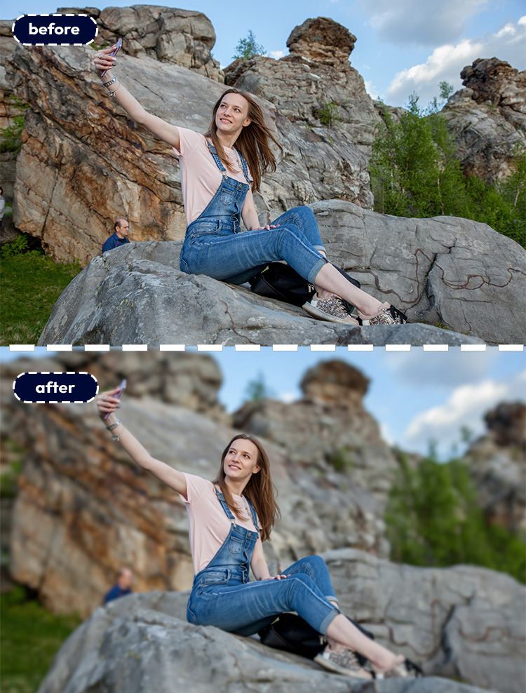 before-after-blur-background-woman-sitting-outdoor-nature