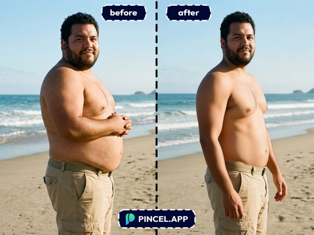 before-after-making-flat-stomach-with-pincel-AI-man-at-beach