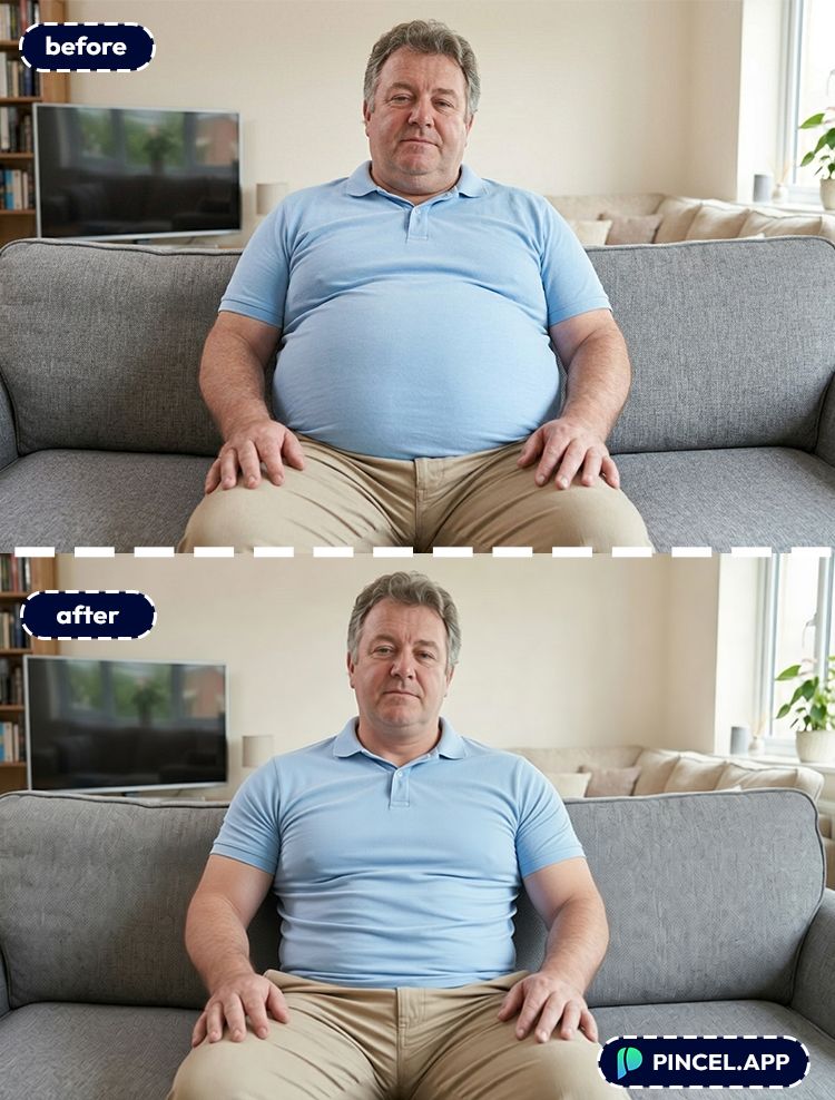 before-after-making-flat-stomach-with-pincel-AI-man-relaxing-on-sofa