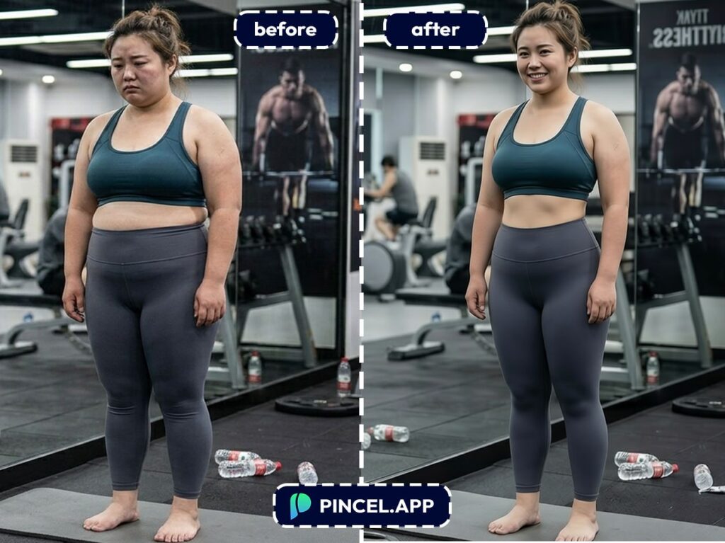 before-after-picture-of-flat-stomach-with-pincel-AI-woman-at-gym