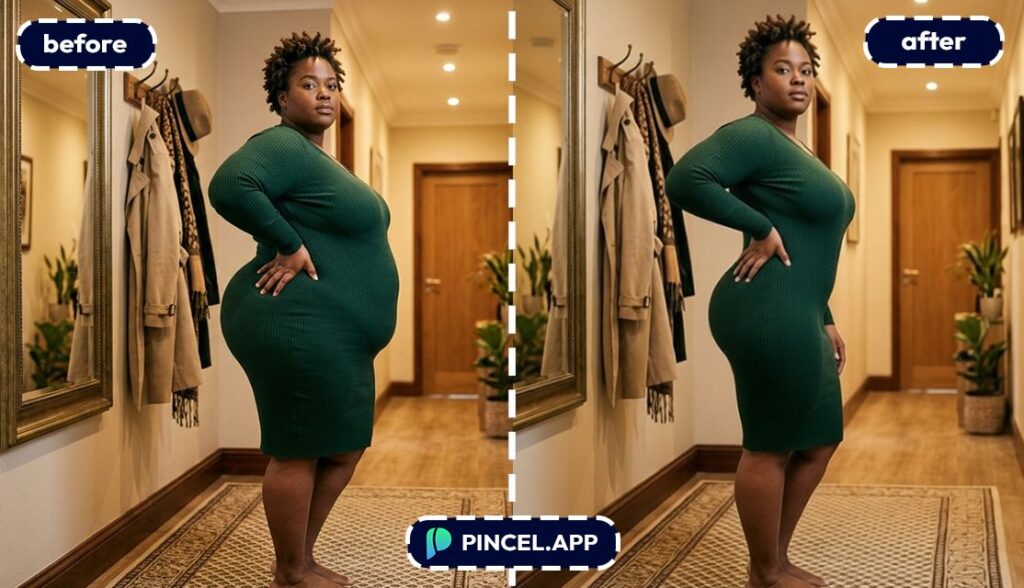 before-after-making-flat-stomach-with-pincel-AI-black-woman-indoor