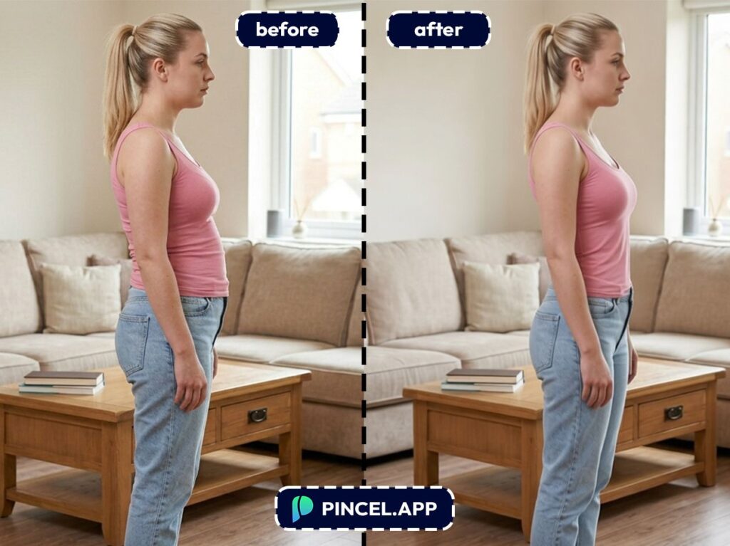 before-after-shaping-flat-stomach-with-pincel-AI-woman-indoor-side-view