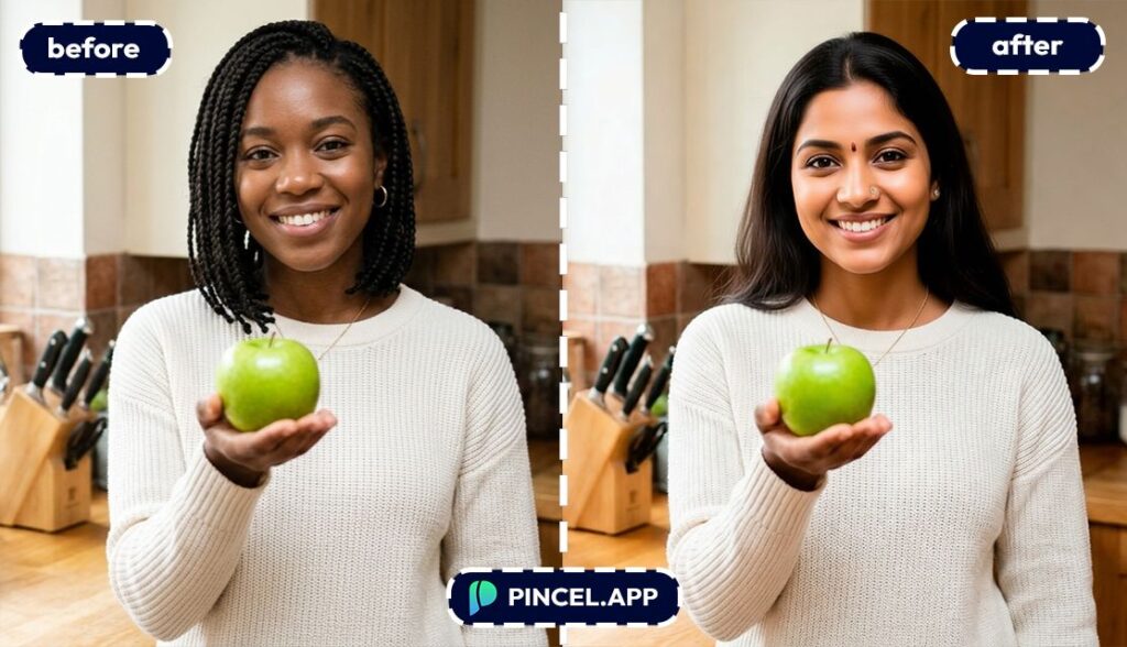 change model with pincel ai from black model to Indian woman