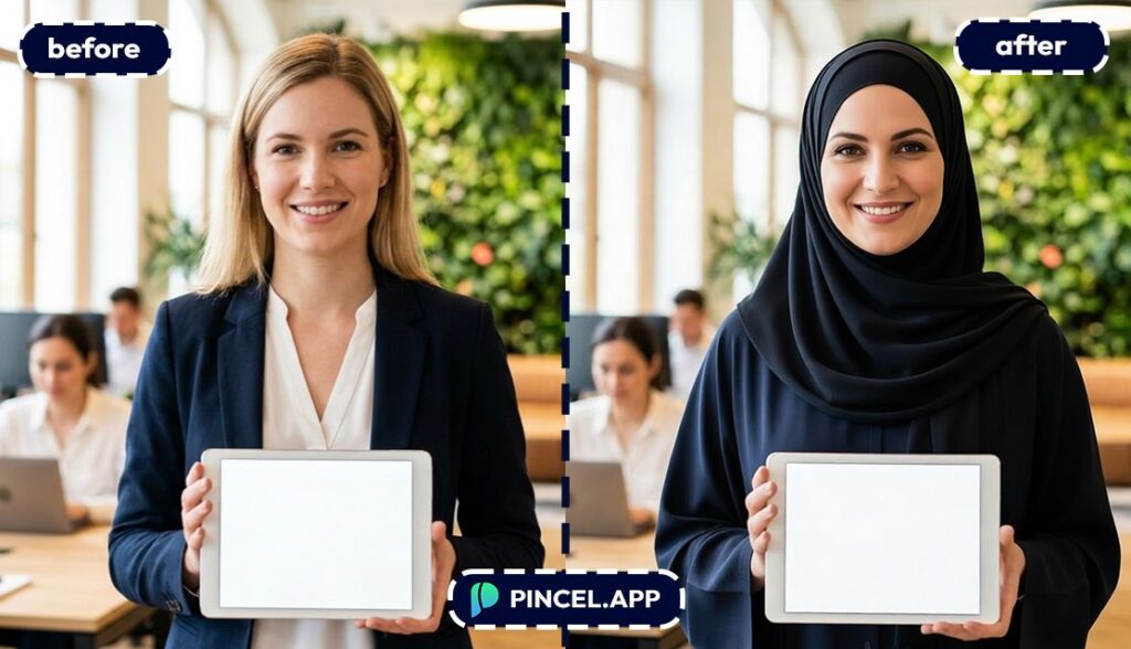 change model with pincel ai from blonde woman to hijabi woman