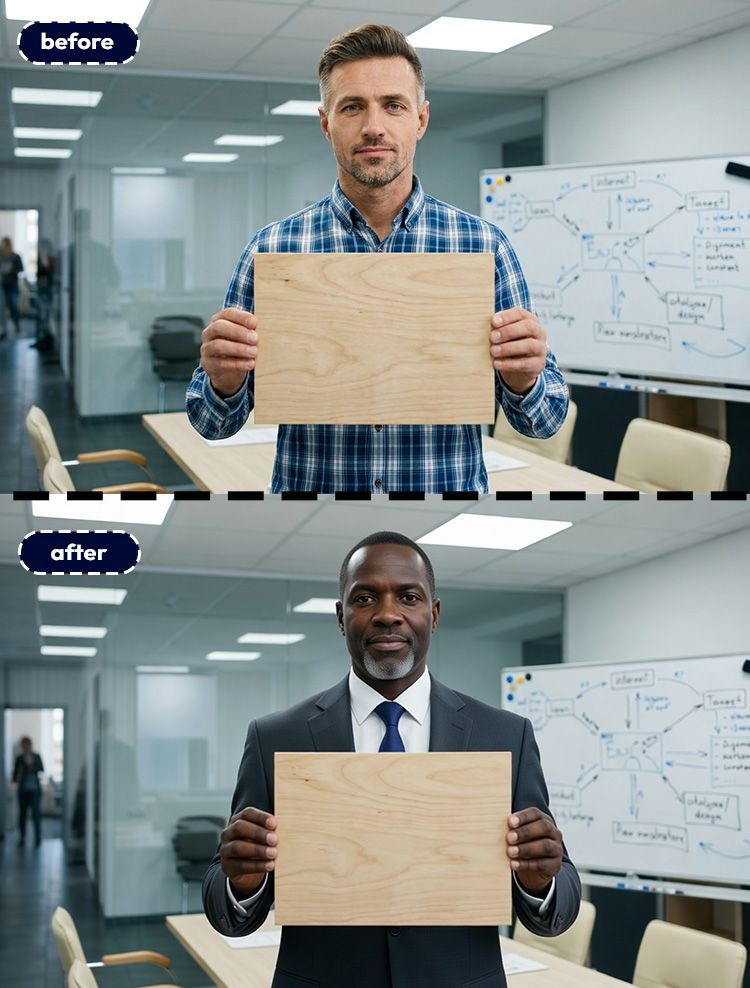 change model with pincel ai from white male to black corporate model