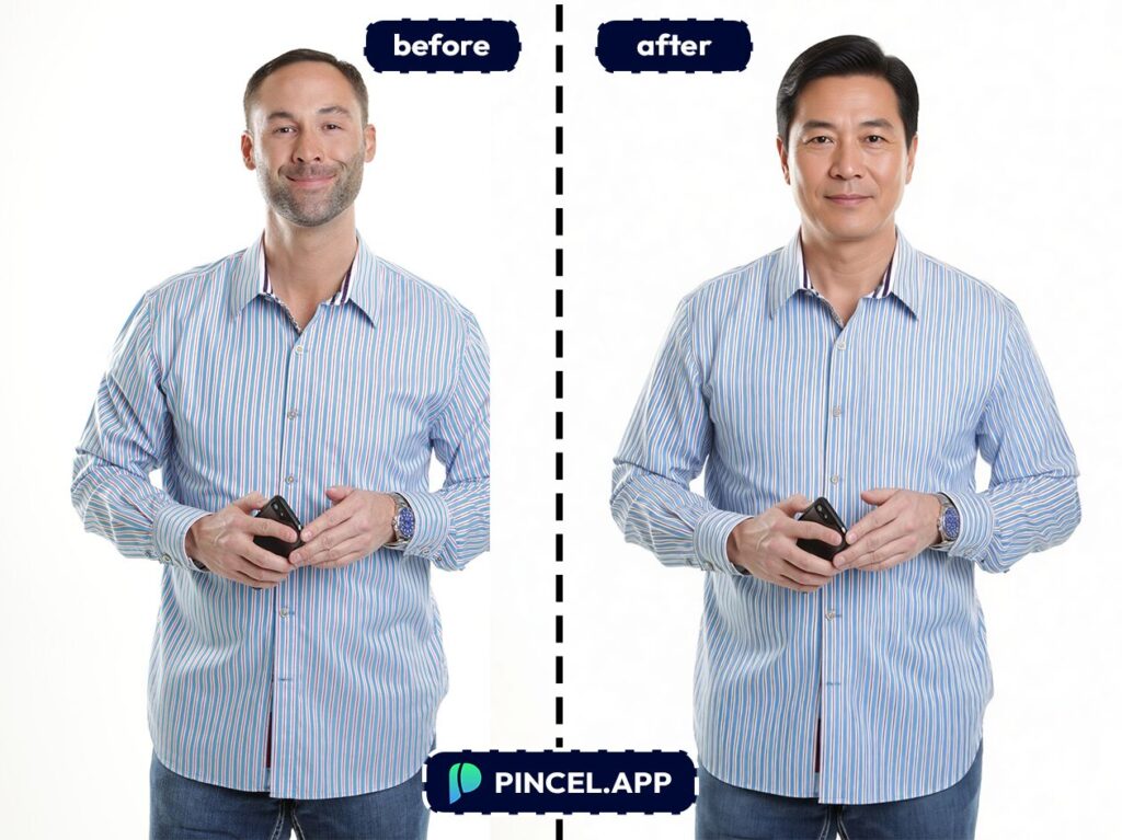 change model with pincel ai from white male model to asain businessman