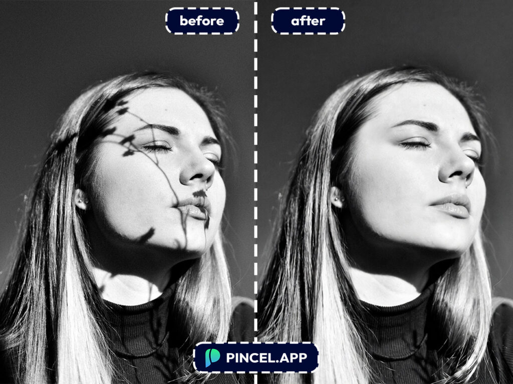 02_before-after-removing-shadows-with-pincel-AI-black-and-white-girl-portrait