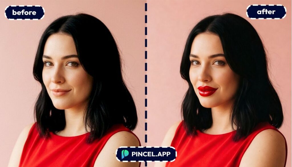 01_before-after-making-lips-bigger-with-pincel-AI-white-woman-in-red-dress
