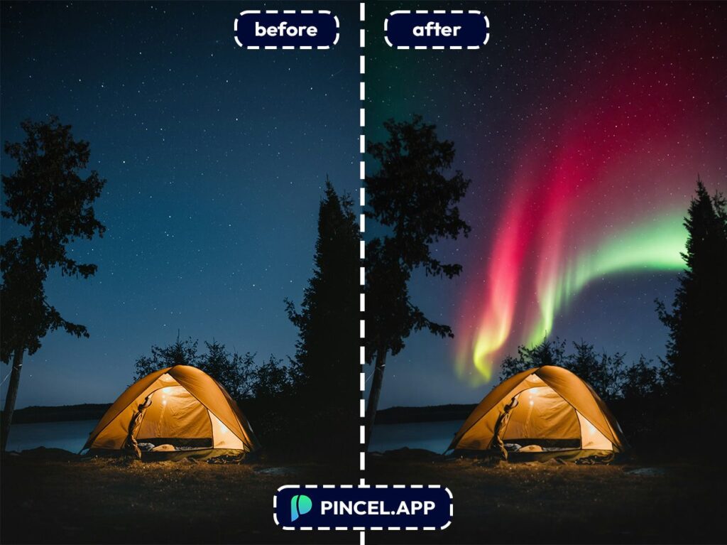 05_before-after-creating-aurora-over-campsite-with-pincel-AI-sky-above-tent

