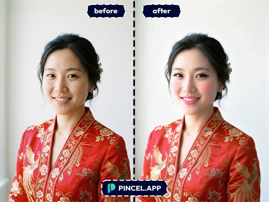 10_before-after-applying-bridal-makeup-with-pincel-AI-asian-woman-in-red-dress
