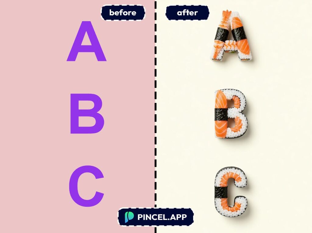 05_before-after-creating-sushi-text-effect-with-pincel-AI-abc-text
