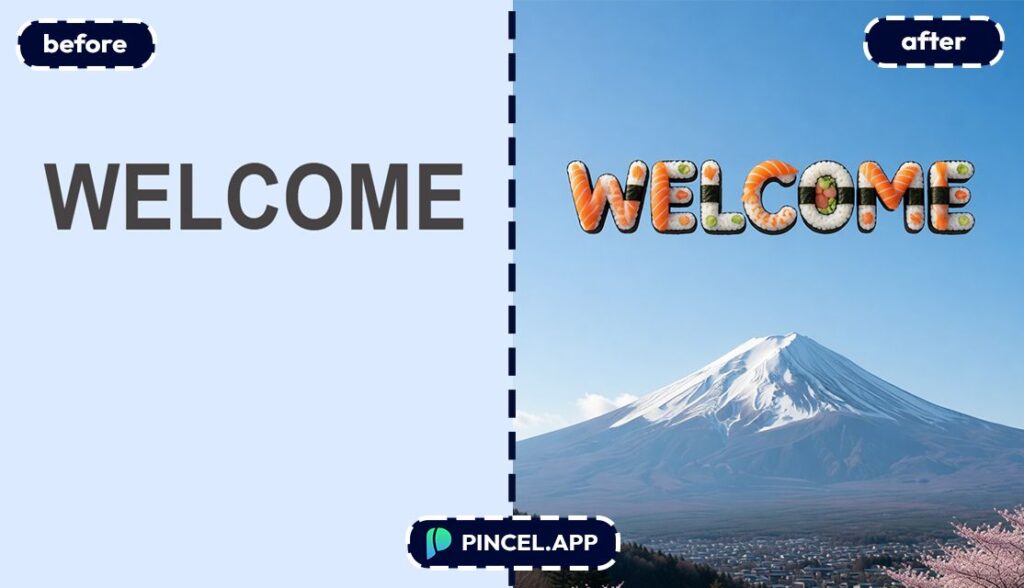 10_before-after-creating-sushi-text-effect-with-pincel-AI-welcome-text
