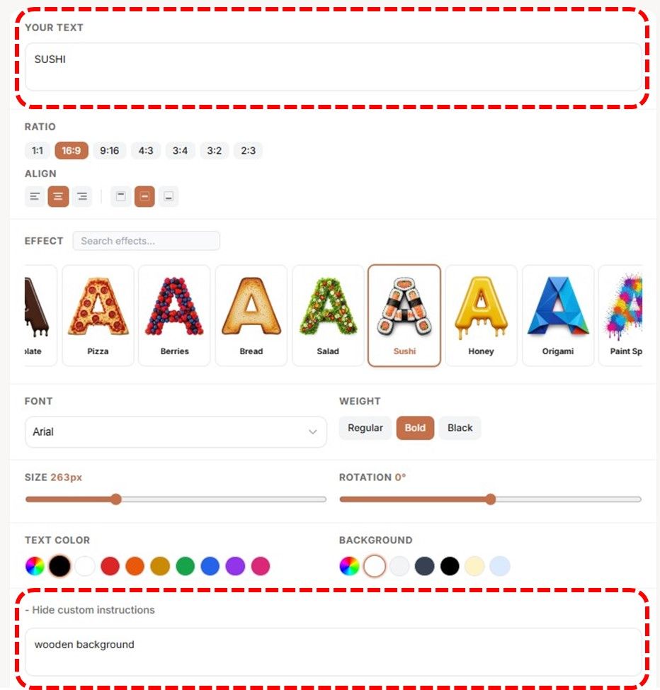 13_before-after-creating-sushi-text-effect-with-pincel-AI-custom-instruction-box
