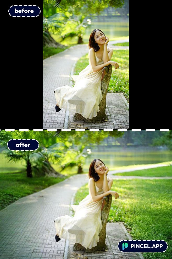 01_before-after-turning-portrait-into-landscape-with-pincel-AI-woman-sitting-in-park
