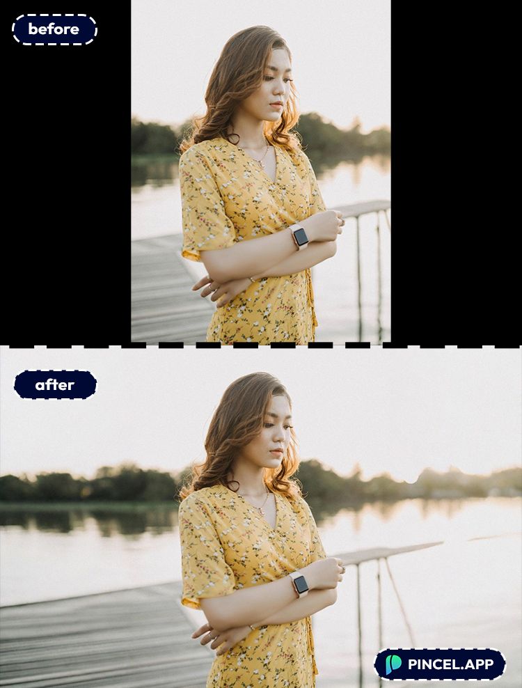 06_before-after-expanding-portrait-to-landscape-with-pincel-AI-woman-at-pier

